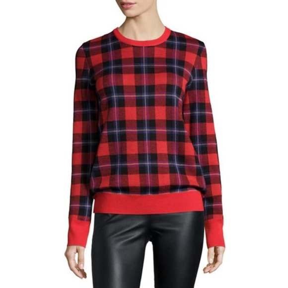 Equipment Sweaters - Equipment Shane Scholarly Plaid Wool Crewneck Sweater Red Tartan Large